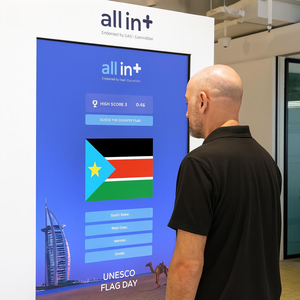 Participants playing the interactive Guess the Flag game at an event, engaging with a fun, branded quiz experience that tests geographical knowledge in a lively setting.